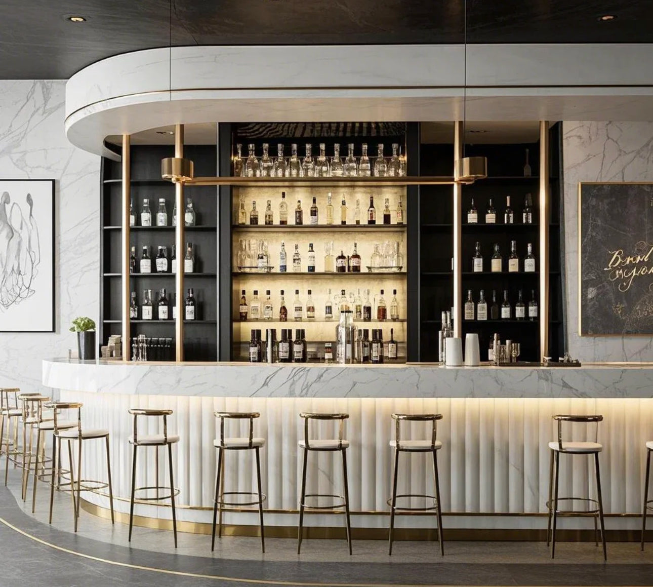 White Corian wood grain bar counter