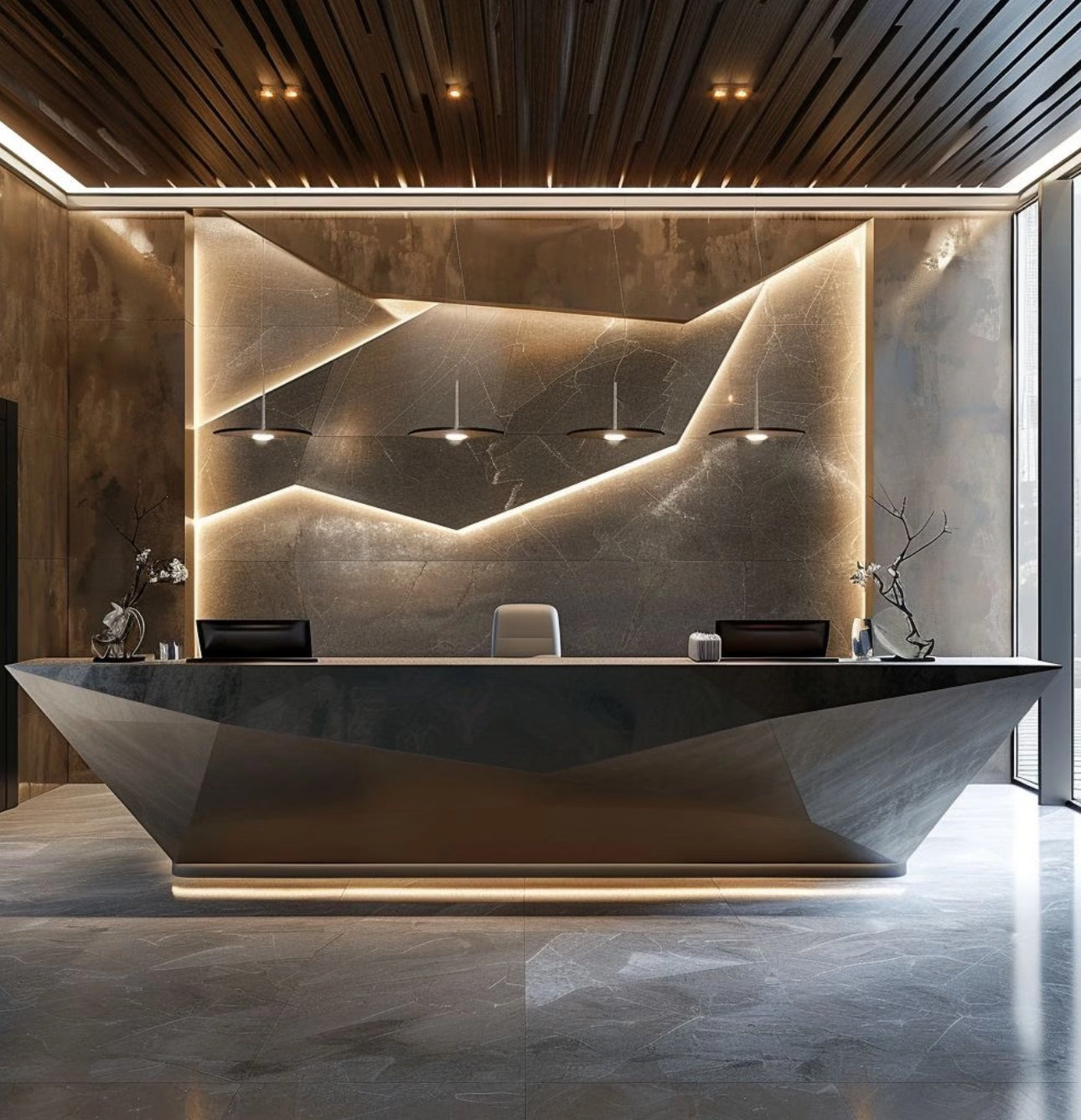 Special-shaped brick and stone reception desk