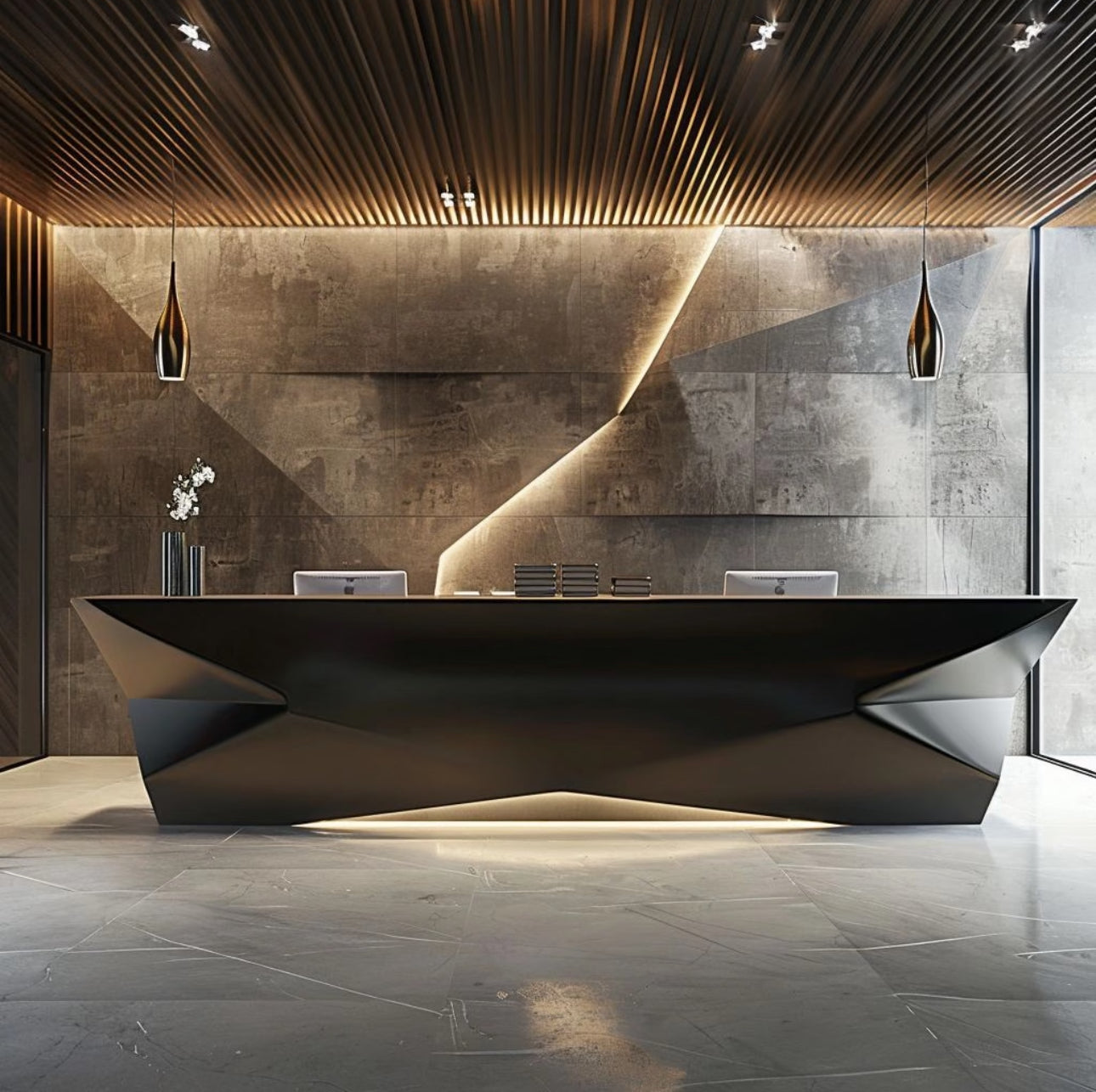 Special-shaped brick and stone reception desk