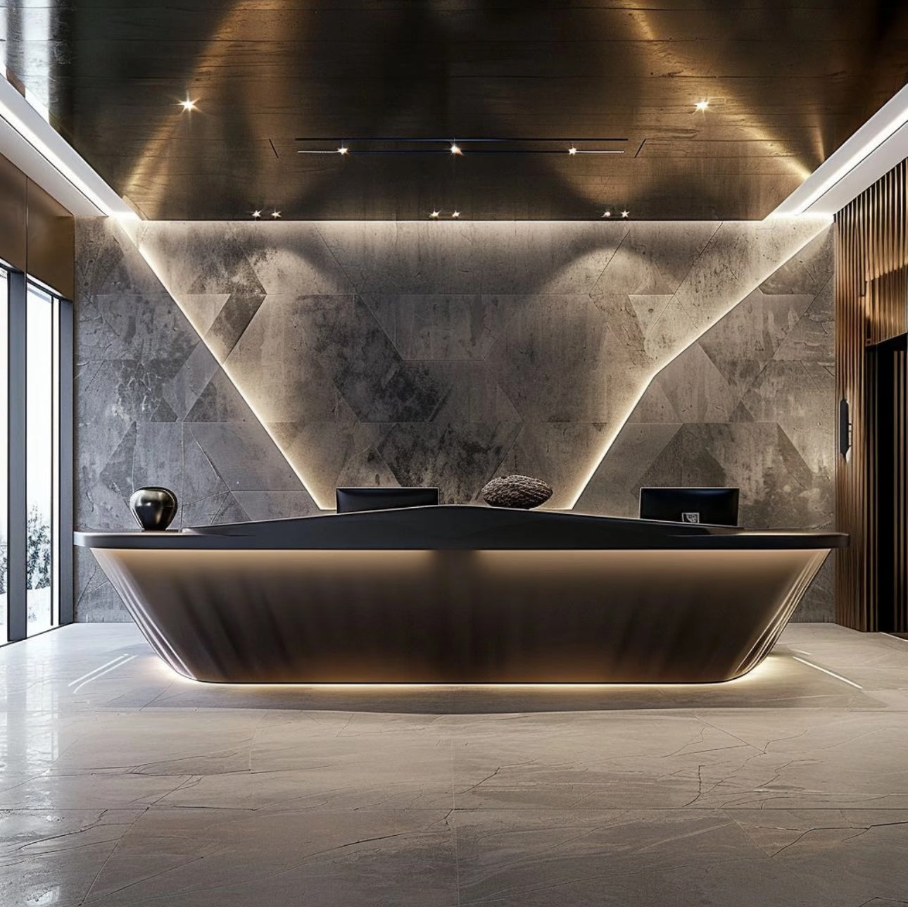 Special-shaped brick and stone reception desk